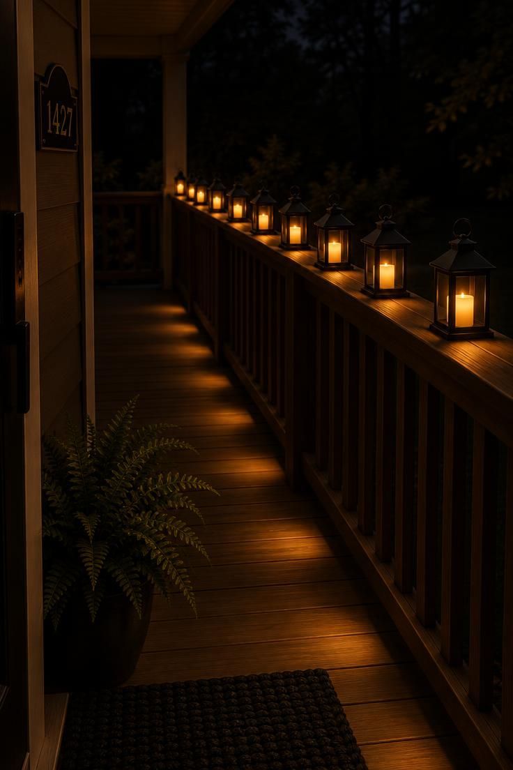11 Chilling Outdoor Halloween Decor Ideas for a Spooky Night 7 A row of identical black metal lanterns with amber LED candles lighting a porch railing at night.