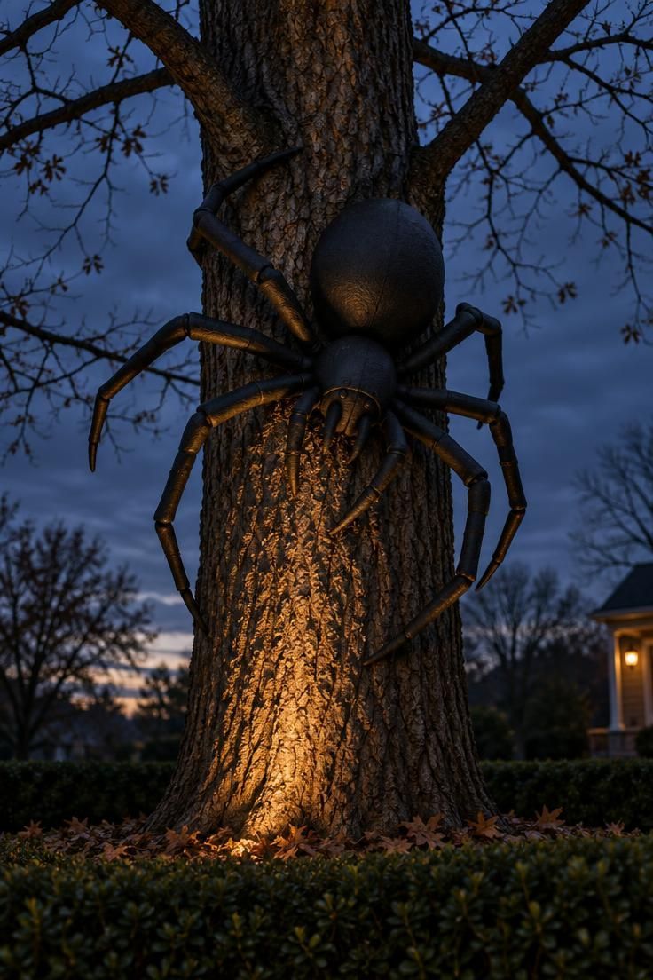 11 Chilling Outdoor Halloween Decor Ideas for a Spooky Night 8 An oversized matte black spider wrapped around a front yard tree trunk lit from below at dusk.