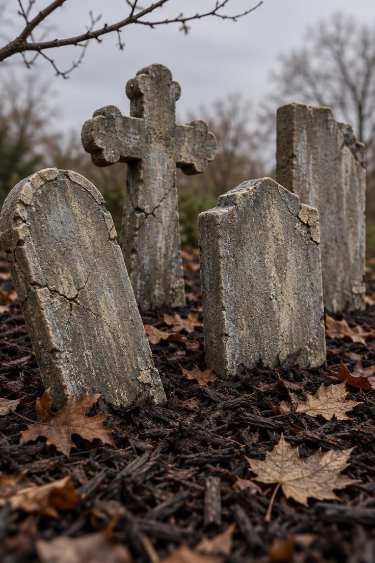 11 Chilling Outdoor Halloween Decor Ideas for a Spooky Night 9 Weathered gray foam tombstones in varied shapes rising from a mulch bed scattered with dried leaves.