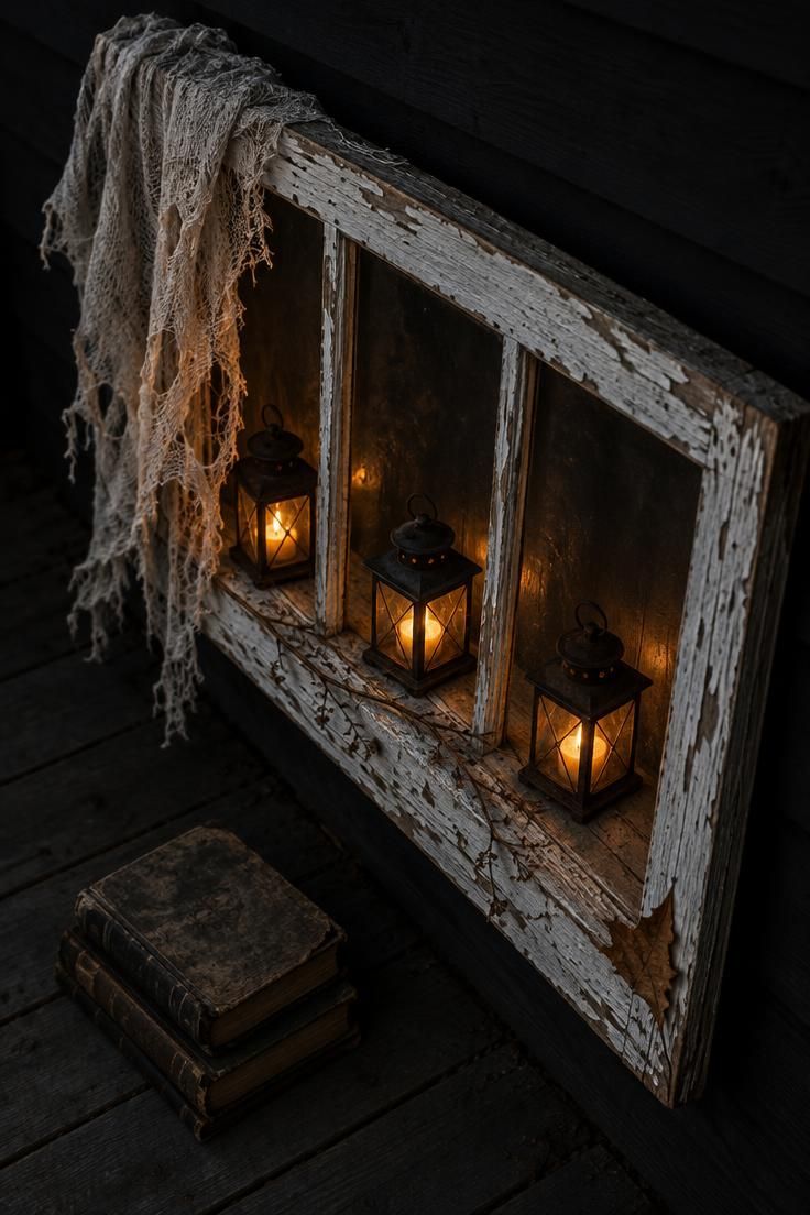 11 Chilling Outdoor Halloween Decor Ideas for a Spooky Night 10 A weathered white window frame propped against a dark porch wall with amber candle lanterns on the sill.