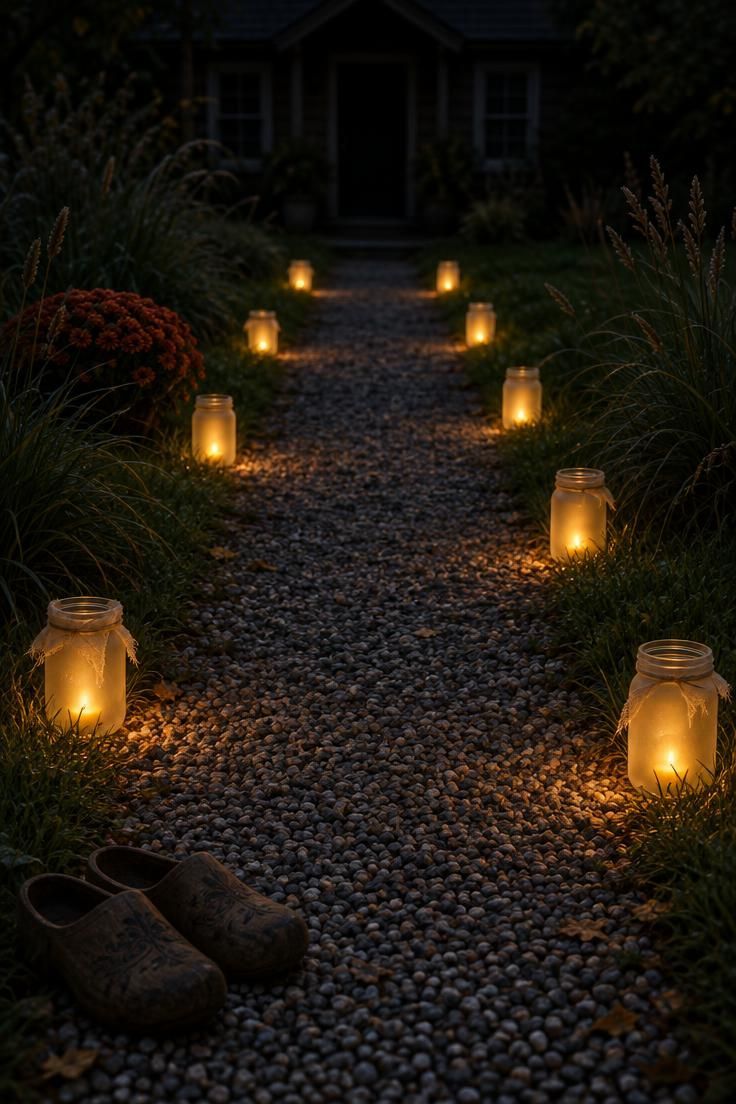 11 Chilling Outdoor Halloween Decor Ideas for a Spooky Night 11 Frosted glass mason jars holding warm LED lights set along both edges of a gravel garden path at night.