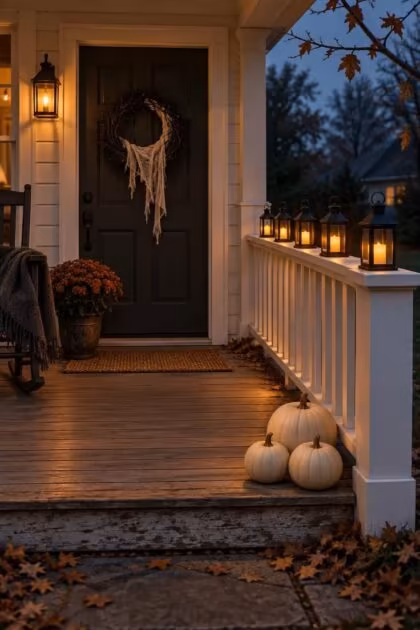 11 Chilling Outdoor Halloween Decor Ideas for a Spooky Night A warmly lit front porch at dusk with a black twig wreath, amber lanterns along the railing, and cream pumpkins on the step.