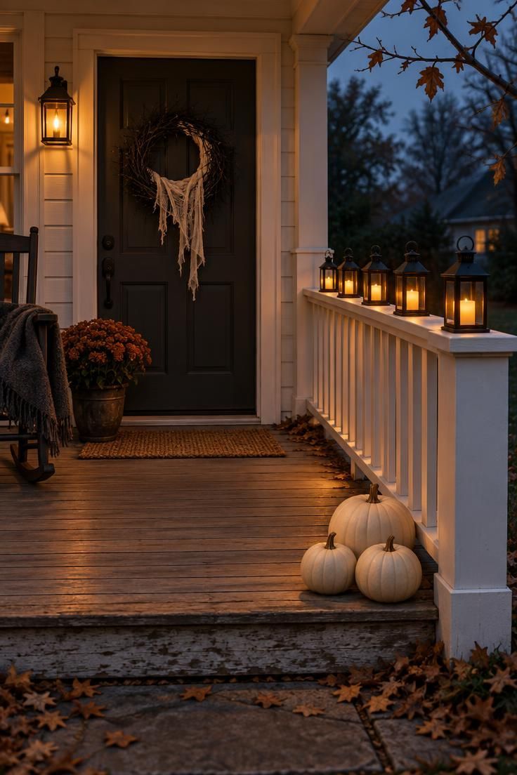 Simple Spaces 15 A warmly lit front porch at dusk with a black twig wreath, amber lanterns along the railing, and cream pumpkins on the step.