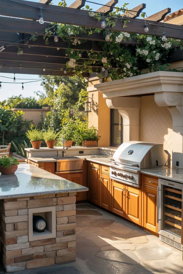 27 Stunning Outdoor Kitchen Design Ideas for Stylish Hosting 1 Luxurious outdoor kitchen with stone island, built-in grill, and jasmine-covered pergola