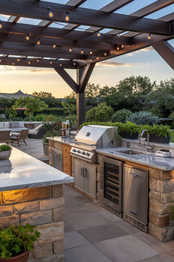 27 Stunning Outdoor Kitchen Design Ideas for Stylish Hosting 2 Outdoor kitchen featuring gas grill, pizza oven, wine refrigerator, and wooden pergola