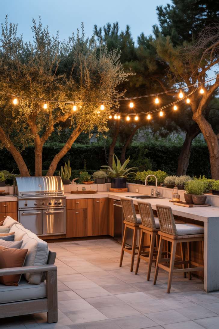 27 Stunning Outdoor Kitchen Design Ideas for Stylish Hosting 6 L-shaped outdoor kitchen with rattan bar stools and string lights between olive trees