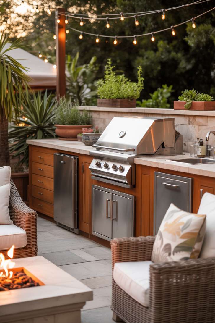 27 Stunning Outdoor Kitchen Design Ideas for Stylish Hosting 7 Outdoor kitchen patio with gas grill, fire table, and wicker lounge seating