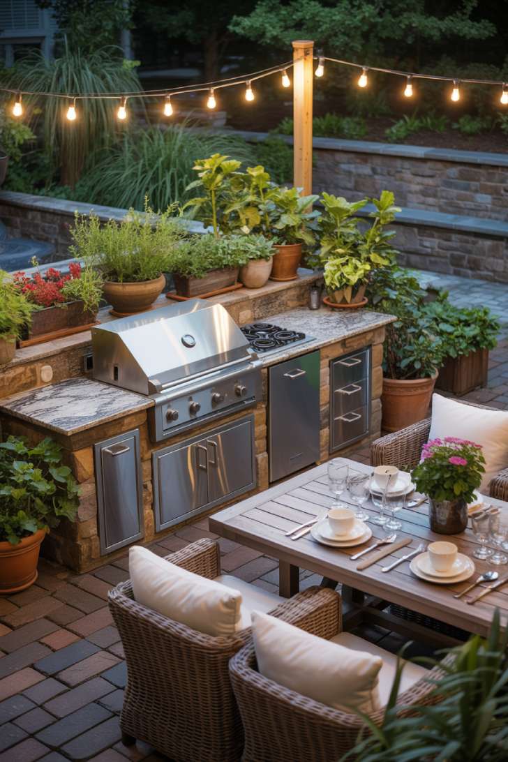 27 Stunning Outdoor Kitchen Design Ideas for Stylish Hosting 8 Outdoor kitchen with stone island, weathered brick pavers, and intimate dining setup