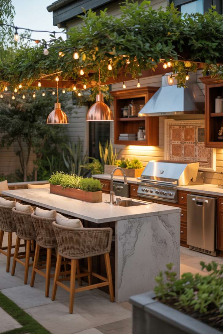 27 Stunning Outdoor Kitchen Design Ideas for Stylish Hosting 9 Elegant outdoor kitchen with marble countertops, copper pendant lights, and tile backsplash