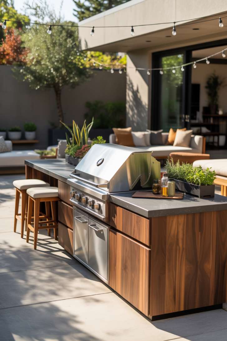 27 Stunning Outdoor Kitchen Design Ideas for Stylish Hosting 11 Modern outdoor kitchen with walnut accents, charcoal stone countertops, and lounge seating