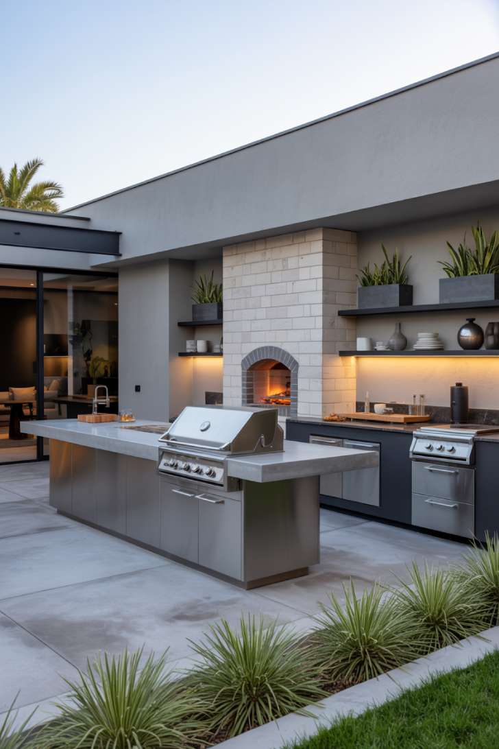 27 Stunning Outdoor Kitchen Design Ideas for Stylish Hosting 12 Sleek outdoor kitchen with curved brick pizza oven, concrete countertops, and geometric planters