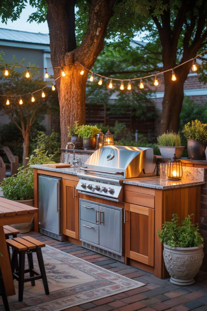 27 Stunning Outdoor Kitchen Design Ideas for Stylish Hosting 14 Compact outdoor kitchen with cedar cabinetry, stainless steel grill, and vintage rug