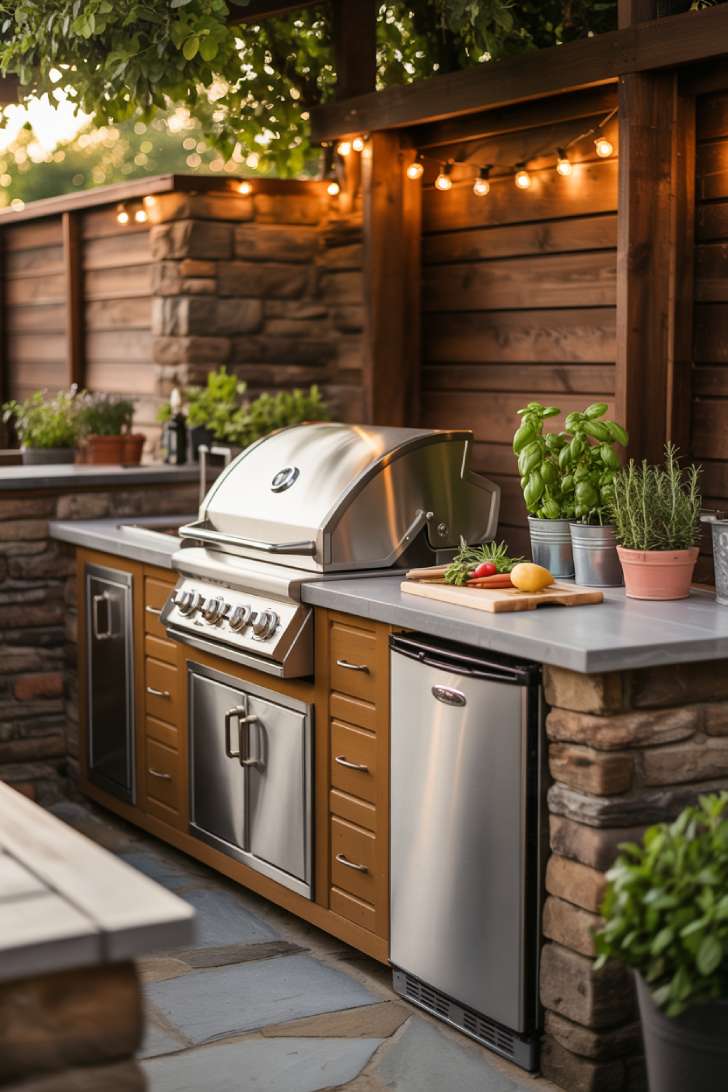 27 Stunning Outdoor Kitchen Design Ideas for Stylish Hosting 15 Compact outdoor kitchen with stone wall, wooden cabinetry, and fresh herb display
