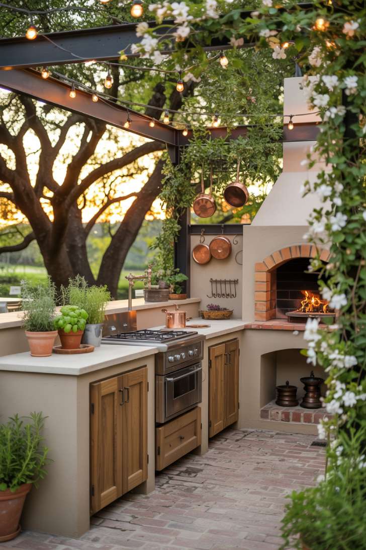 27 Stunning Outdoor Kitchen Design Ideas for Stylish Hosting 22 Garden outdoor kitchen with stone countertops, wood-fired pizza oven, and climbing vines
