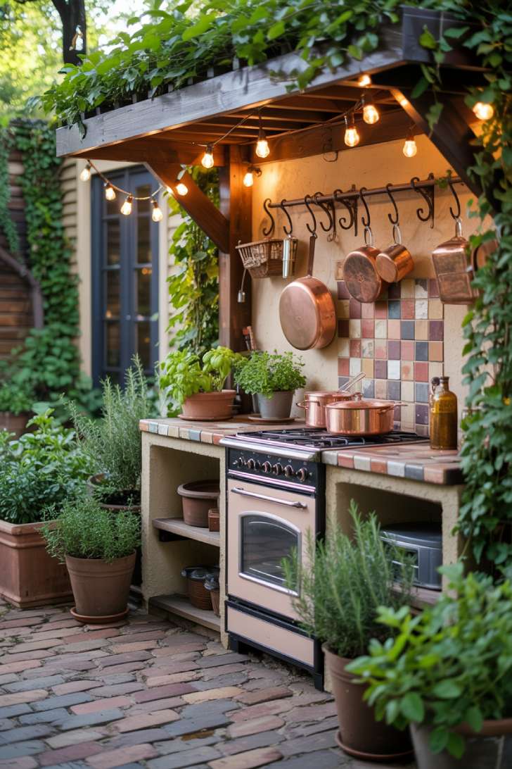27 Stunning Outdoor Kitchen Design Ideas for Stylish Hosting 26 Small garden outdoor kitchen with stone countertop, vintage outdoor range, and terra cotta backsplash