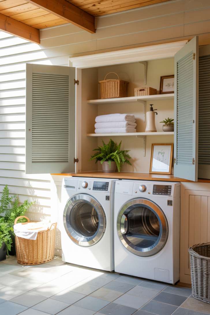 10 Creative Outdoor Laundry Room Ideas for Small Spaces 1 A covered patio laundry room with sage green cabinetry, open shelving, and a wicker basket on slate tile flooring