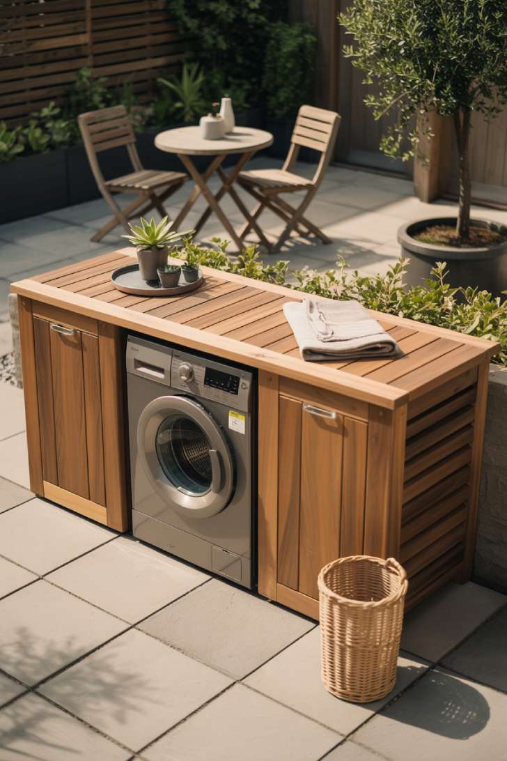 10 Creative Outdoor Laundry Room Ideas for Small Spaces 10 A wide composite timber garden bench concealing a compact front-load washer beneath a hinged lid, styled with a linen throw and potted succulent on a stone patio