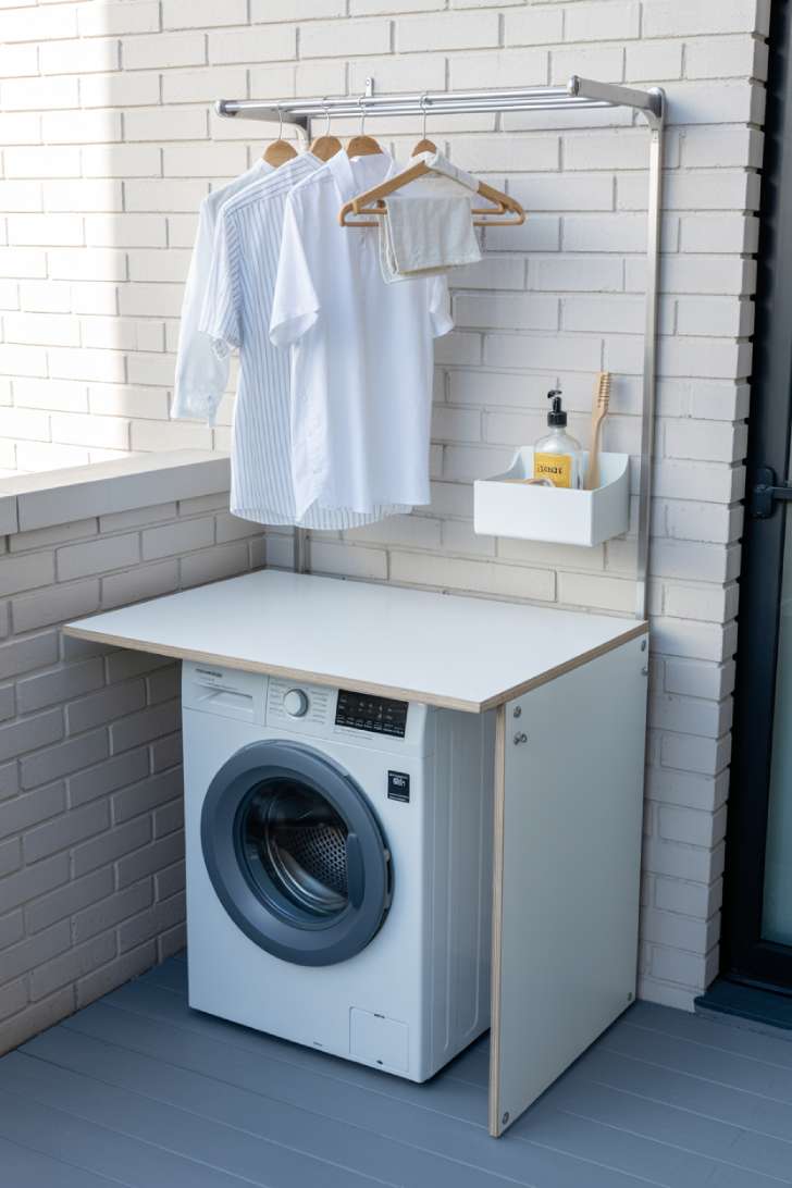 10 Creative Outdoor Laundry Room Ideas for Small Spaces 2 A fold-down counter above a compact washer on a small balcony with a wall-mounted vertical drying rack