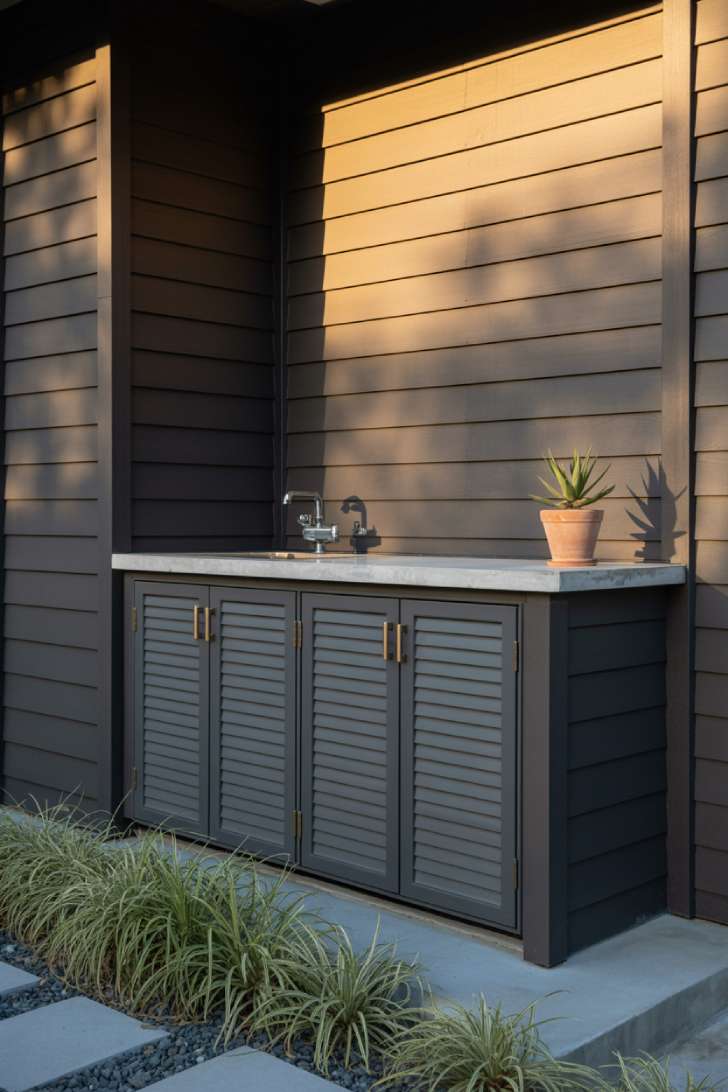 10 Creative Outdoor Laundry Room Ideas for Small Spaces 3 A charcoal gray outdoor laundry cabinet enclosure with louvered doors, brass hardware, and a concrete countertop against a home exterior wall