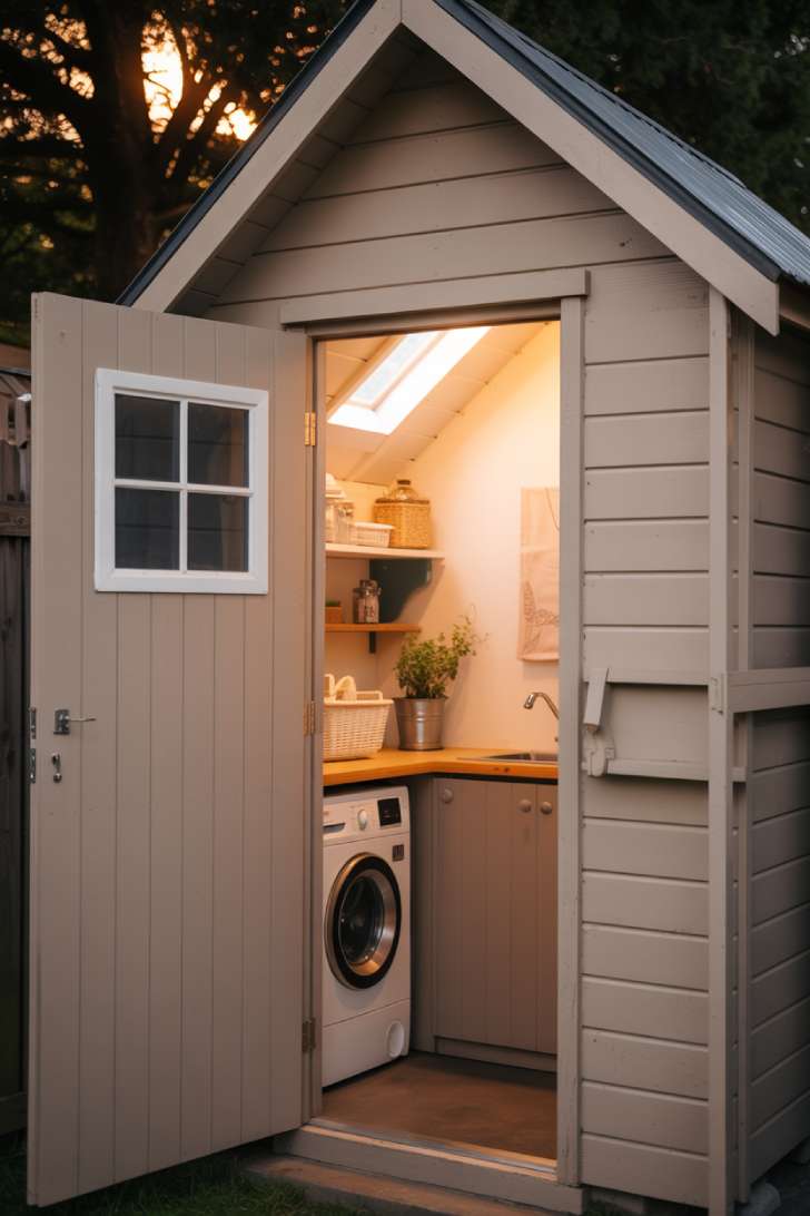 10 Creative Outdoor Laundry Room Ideas for Small Spaces 5 A converted backyard laundry shed with white timber cladding, a skylight, open shelving with white baskets, and a compact stacked washer inside