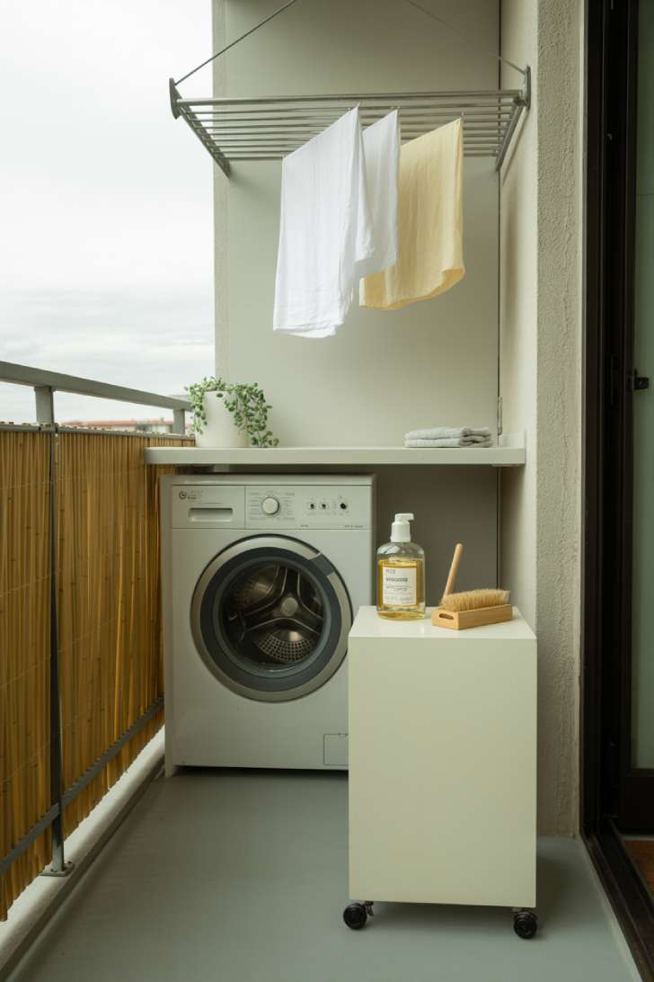 10 Creative Outdoor Laundry Room Ideas for Small Spaces 7 A compact apartment balcony laundry nook with a front-load washer under a floating counter, fold-down drying rack, and bamboo privacy screen