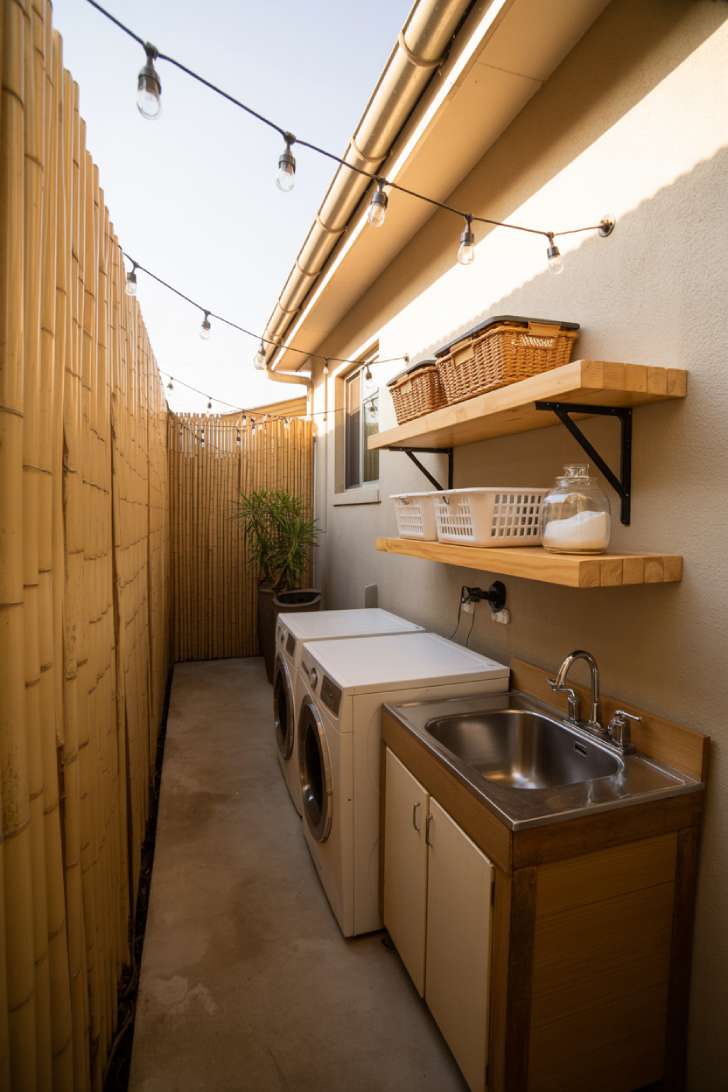 10 Creative Outdoor Laundry Room Ideas for Small Spaces 8 A narrow side yard laundry zone with a washer and dryer, utility sink, floating shelves, bamboo privacy screen, and overhead string lights