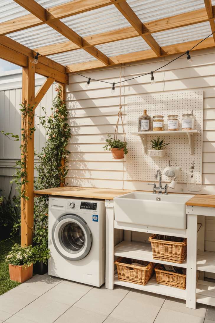 10 Creative Outdoor Laundry Room Ideas for Small Spaces 9 An outdoor laundry station under a timber pergola with a farmhouse utility sink, white pegboard wall, climbing jasmine, and Edison string lights