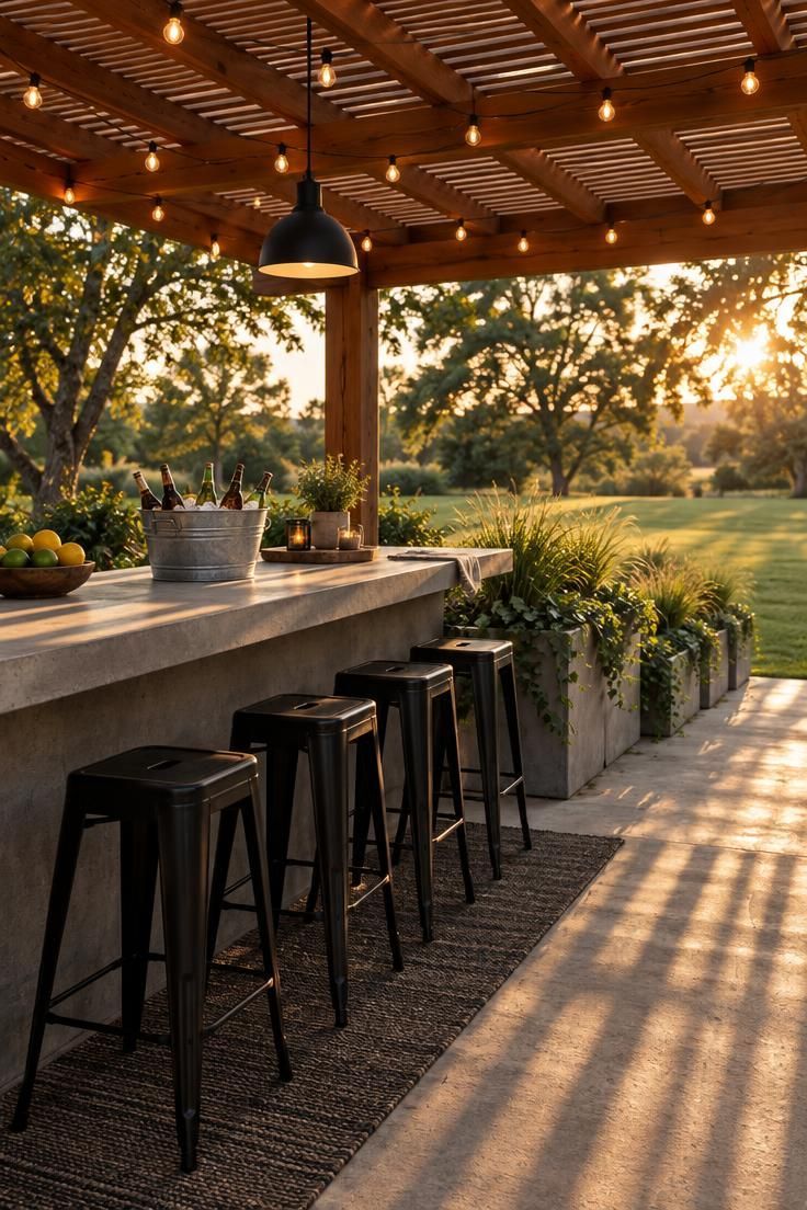 A slatted wood pergola over a long concrete bar counter with black metal stools, string lights overhead, and a row of low planters defining the patio edge.
