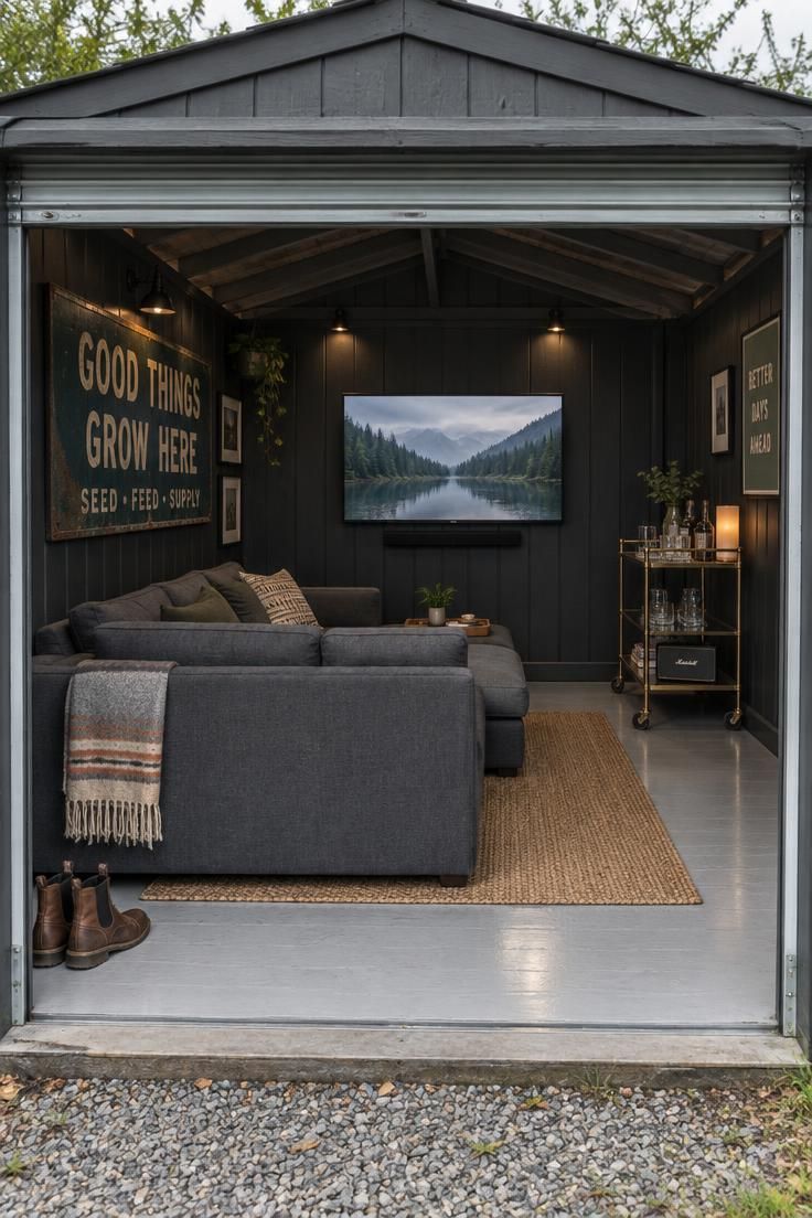 Interior of a converted shed with a roll-up door open, a small sectional sofa facing a hung screen, a bar cart in the corner, and a vintage sign on the wall.