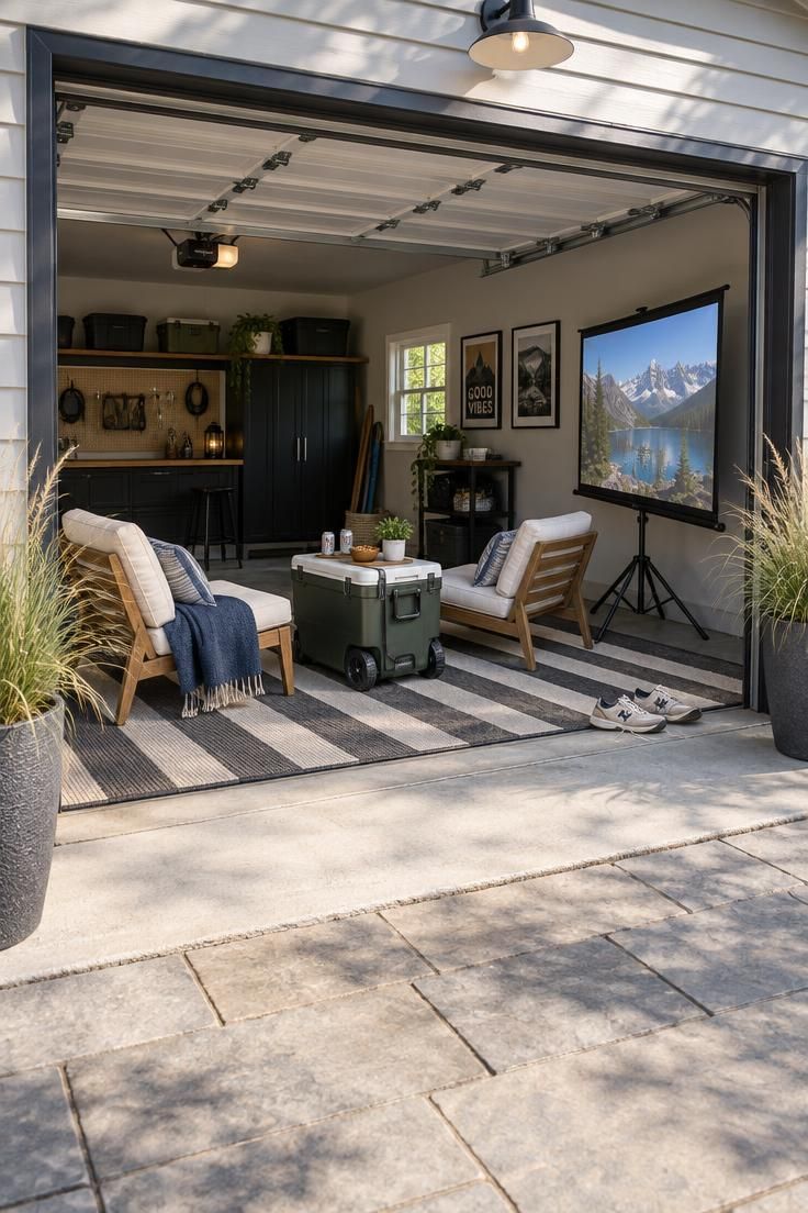 A garage with the door open onto a paved patio, an outdoor rug anchoring two chairs, a cooler serving as a table, and a portable screen against the garage wall.