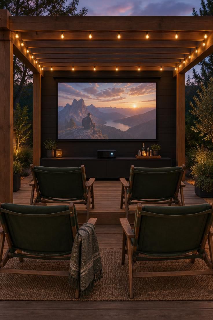 A pergola with a solid rear wall painted dark gray, a projector screen mounted on it, two rows of angled outdoor chairs facing the screen, and a low console below.