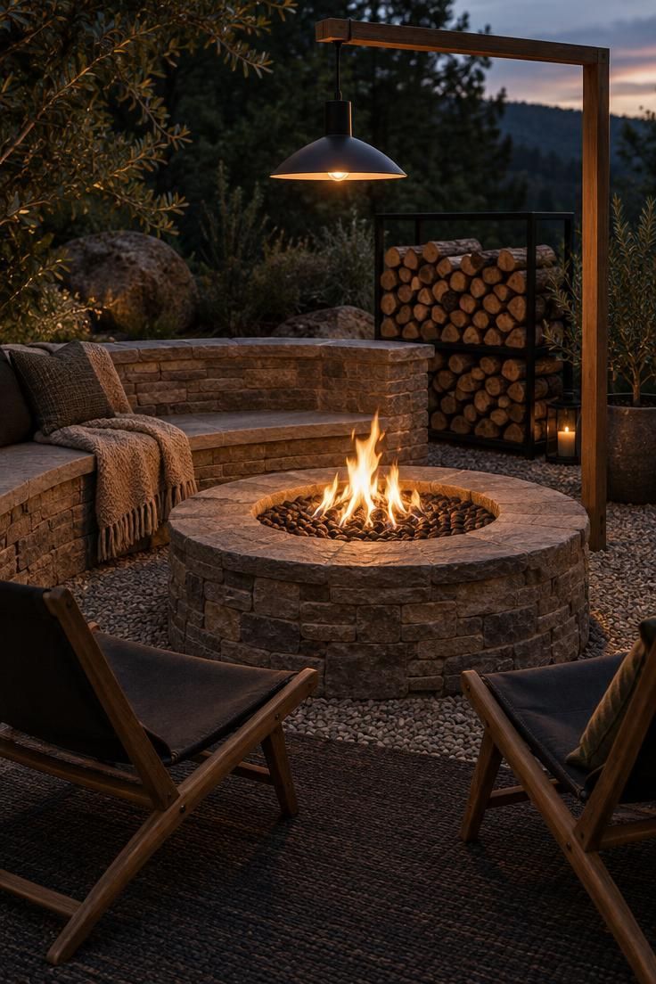 A round fire pit with a low flame on a gravel bed, a curved stone bench and two low chairs around it, a metal firewood rack behind, and a pendant light above.