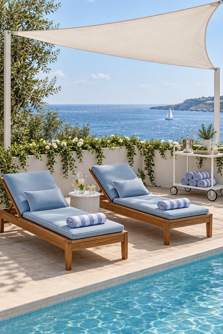 A poolside lounge area with two teak lounge chairs, a small side table, a white shade sail above, a bar cart nearby, and a low planter wall with trailing plants.