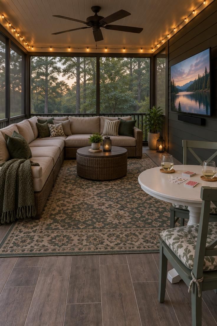 A screened porch with a large beige sectional, a round white game table with two chairs, a mounted screen on the wall, a large outdoor rug, and string lights.