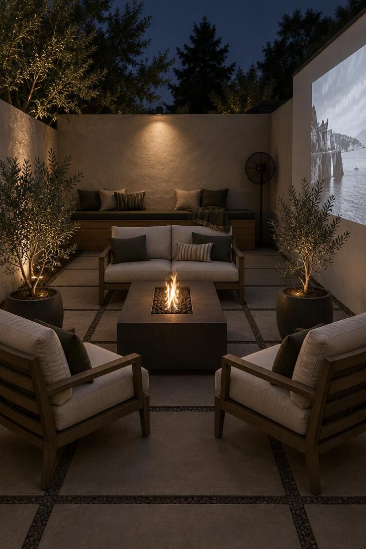 A walled courtyard with a rectangular fire table in the center, a white projection wall on one side, a U-shaped arrangement of chairs, and large pavers on the ground.