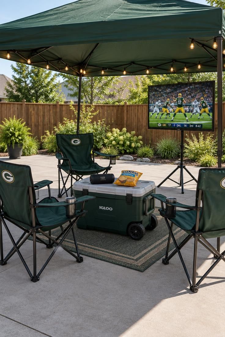 A pop-up canopy over a concrete slab, three folding chairs around a large cooler, a portable screen on a stand, and string lights under the canopy.