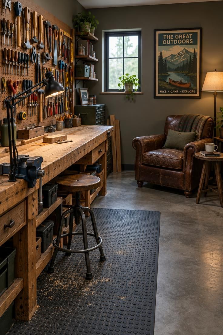 Inside a detached hobby studio, a long workbench with a pegboard of tools on the left, a leather chair with a side table and floor lamp in the right corner.