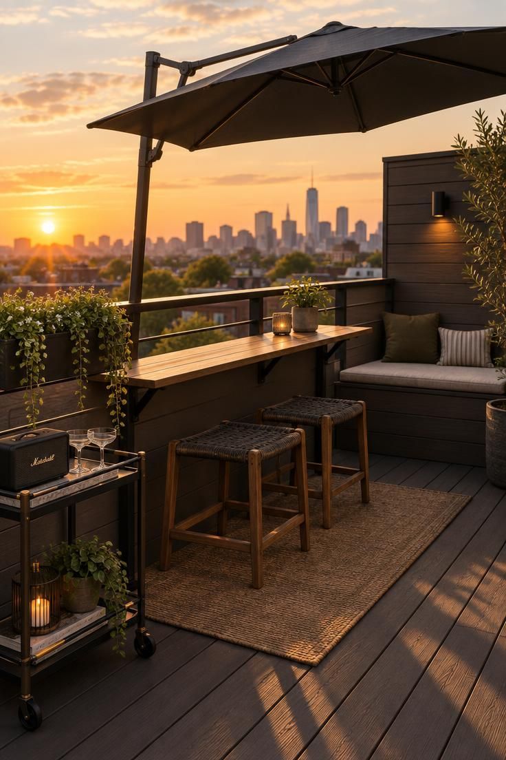 A roof deck with a narrow counter at the railing, two low stools, a small bar cart, a cantilever umbrella, a bench along the wall, and a planter hanging on the railing.
