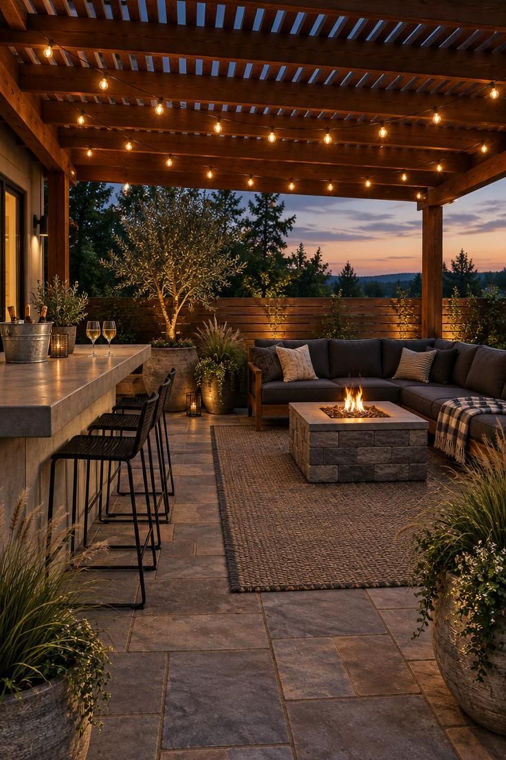 Simple Spaces 23 A cozy covered outdoor lounge at dusk with a slatted pergola, string lights, a concrete bar counter with stools, a sectional around a low fire table, and potted greenery on stone pavers.