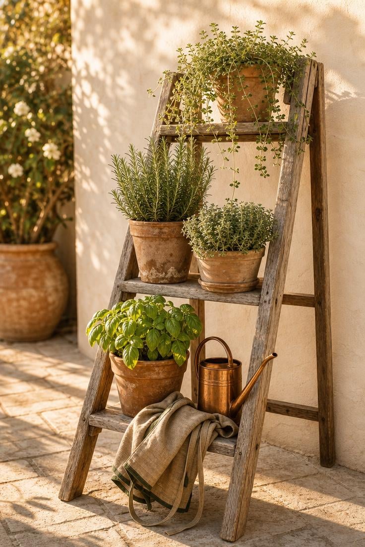 11 Fresh Outdoor Plant Shelf Ideas to Fill Every Corner 1 Weathered cedar A-frame ladder shelf holding terracotta herb pots on a sunlit stone patio with warm golden afternoon light