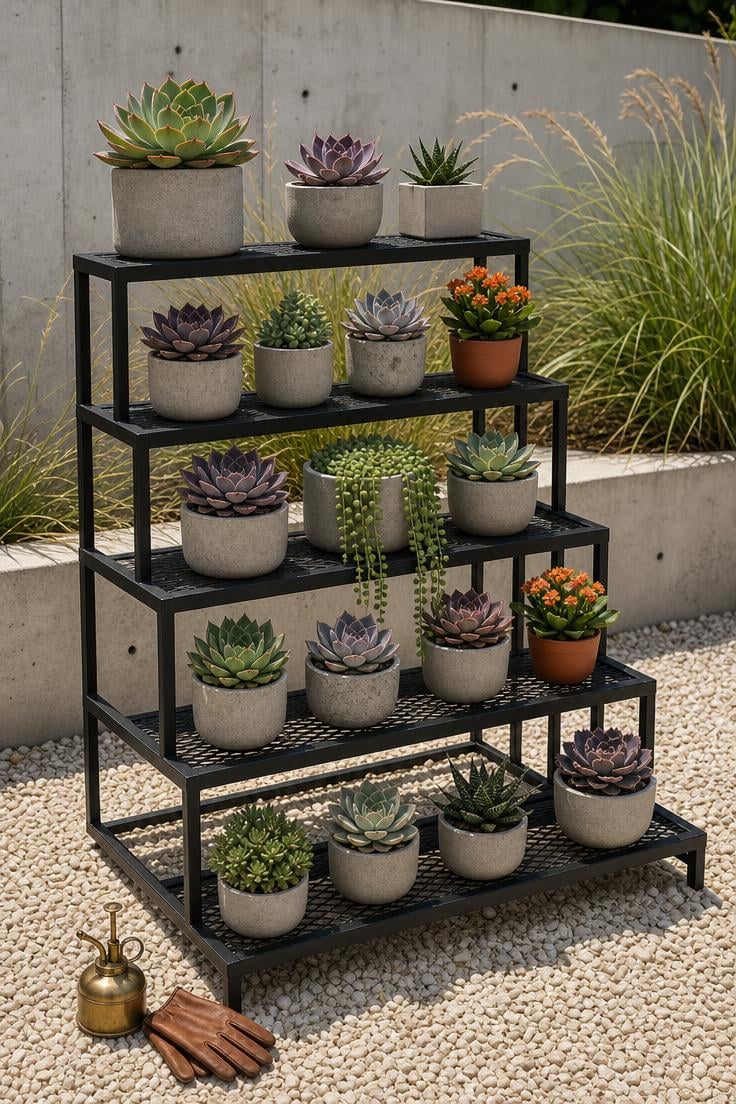 11 Fresh Outdoor Plant Shelf Ideas to Fill Every Corner 2 Black powder-coated steel tiered plant stand with succulents on a pale gravel patio in bright midday light