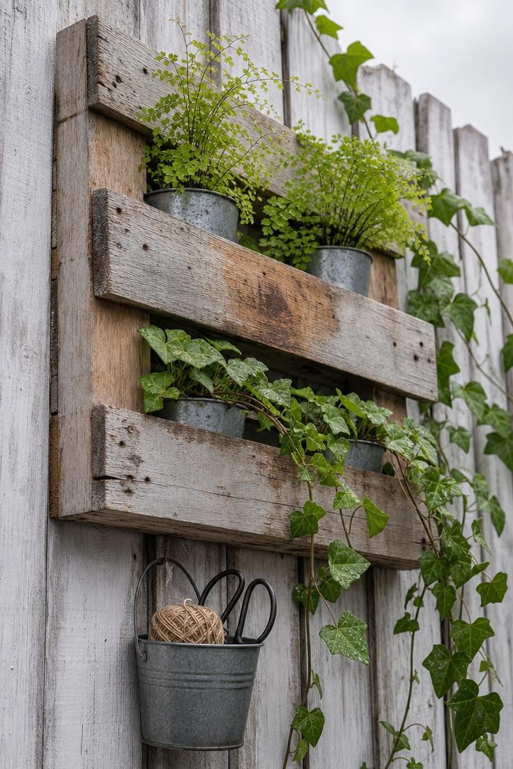 11 Fresh Outdoor Plant Shelf Ideas to Fill Every Corner 3 Reclaimed pallet wood shelves on a whitewashed fence holding zinc planters with ferns and ivy in overcast light