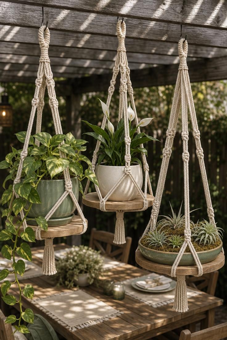 11 Fresh Outdoor Plant Shelf Ideas to Fill Every Corner 4 Three hanging macrame shelves with glazed ceramic pots suspended from a weathered pergola crossbeam in soft diffused light