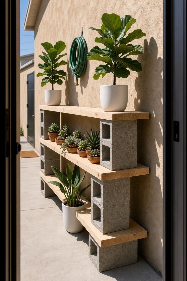 11 Fresh Outdoor Plant Shelf Ideas to Fill Every Corner 5 Cinder block and pine plank outdoor shelving along a concrete walkway with potted plants in bright midday sunlight