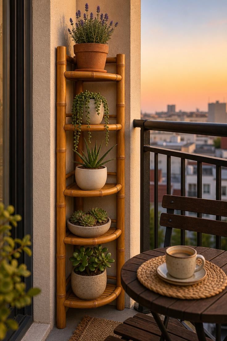 11 Fresh Outdoor Plant Shelf Ideas to Fill Every Corner 6 Narrow bamboo corner shelf with small potted plants on a small apartment balcony in warm golden sunset light