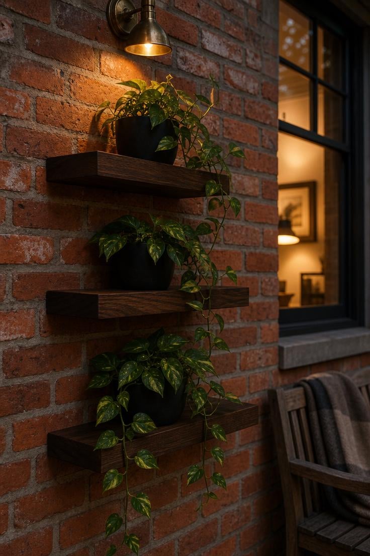 11 Fresh Outdoor Plant Shelf Ideas to Fill Every Corner 7 Three floating dark walnut oak shelves on a red brick wall with trailing pothos in matte black pots at dusk
