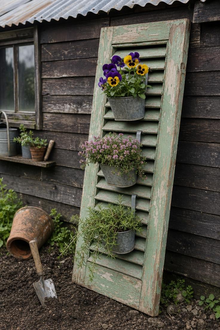 11 Fresh Outdoor Plant Shelf Ideas to Fill Every Corner 8 Salvaged green window shutter with zinc pocket planters holding pansies and creeping thyme leaning against a garden shed in overcast light