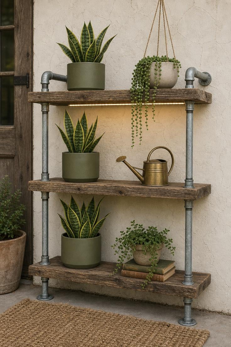 11 Fresh Outdoor Plant Shelf Ideas to Fill Every Corner 9 Galvanized pipe and reclaimed wood shelf unit with potted plants against a stucco wall in soft diffused afternoon light