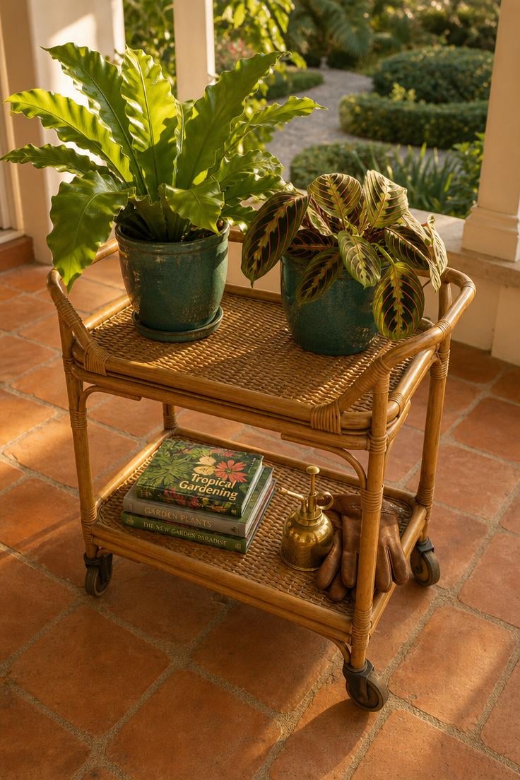 11 Fresh Outdoor Plant Shelf Ideas to Fill Every Corner 10 Woven rattan two-tier shelf cart with teal pots and tropical plants on a covered veranda in warm golden afternoon light