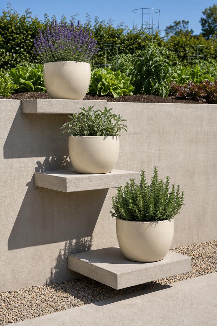 11 Fresh Outdoor Plant Shelf Ideas to Fill Every Corner 11 Concrete step shelf built into a raised garden bed wall holding large planters with lavender and sage in bright midday light